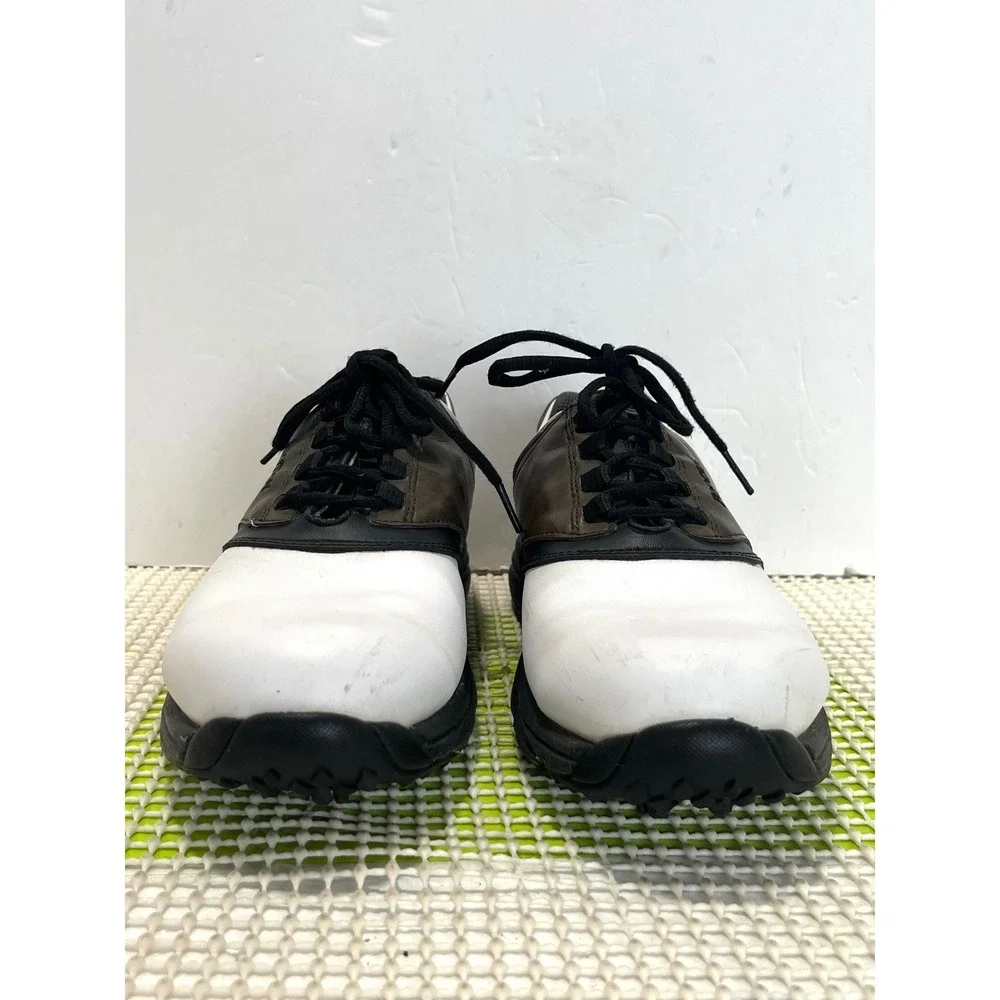 FootJoy GreenJoys Golf Shoes Men's 8.5 Wide White Brown Black Spiked 45516 GOOD